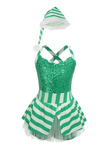 Lejafay Weihnachtsfestkleid Für Mädchen Mit Pailletten Und Rüschen Im Streifendesign Plus Weihnachtshut Karamellstangenkostüm Festlich Jahre Grün 110-116 von Lejafay