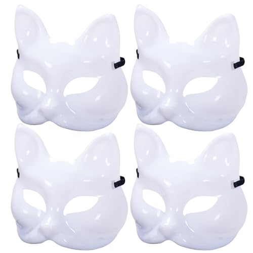LejeMaek 4 PCs Katzenmaske DIY Blankin lackierbar Halloween Fox Maske Halbgesicht unvollendeter weißer Therian mit elastischer Band für Cosplay Masquerade Party Katze, Fox, Halloween, Weiß, W. von LejeMaek
