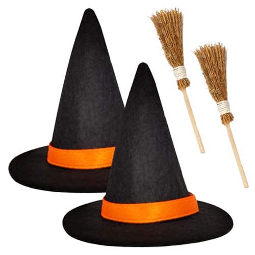 LejeMaek 4PCS/Set Hexenhut und Hexenbesen, Filztuch Mini -Hüte, DIY -Halloween -Handwerksvorräte für Halloween, Weihnachten, Puppenhausdekorationen, schwarzer Hut, Besen, Hüte, Hexen von LejeMaek