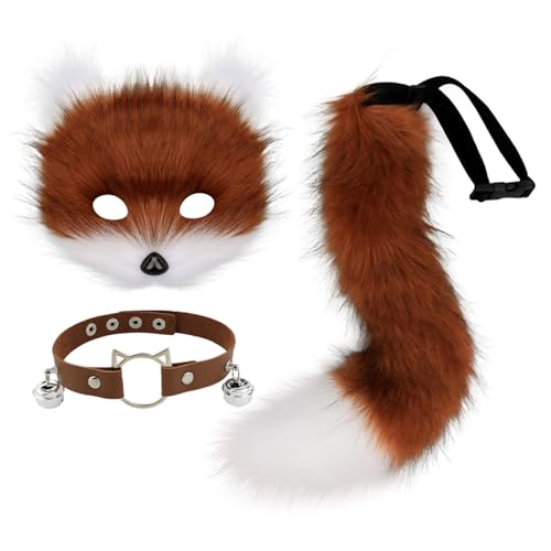 LejeMaek Fursuit Faux Pelf Fuchsmaske mit Lederglockenkragen & flauschiger Schwanz süße realistische Halloween -Kostüme für Themenparty Cosplay, Brown LejeMaek Fursuit Faux Pelf Fuchsmaske mit Lederglockenkragen & flauschiger Schwanz süße realistische Halloween -Kostüme für Themenparty Cosplay, Brown von LejeMaek