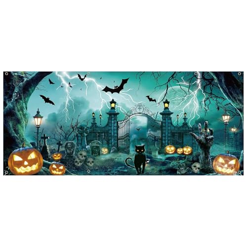 LejeMaek Halloween Garage Door Banner 16x7 Fuß Halloween Kulisse mit Haken und Seil, Horror Friedhofs -Garagentor -Abdeckung für die Fotokadinelle, Wanddekoration von LejeMaek