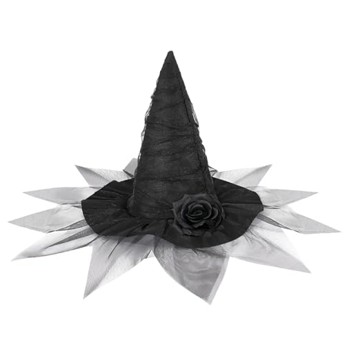 LejeMaek Hexenhut 26.8x13.4 Gothic Hexenhut mit Gaze und künstliche Blume für Frauen Halloween Cosplay Party, Schwarz von LejeMaek