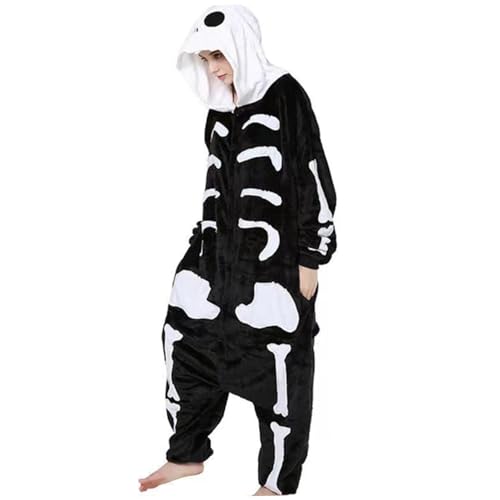 LejeMaek Skelettkostüm Unisex Kapuze -Schädel Skelett Jumpsuit Größe M weiche und gemütliche gruselige Schwarz -Weiß -Cosplay Halloween Kostüm für Erwachsene, Jumpsuit von LejeMaek