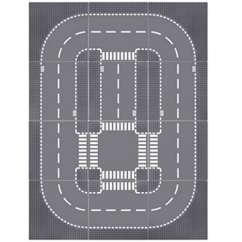 Lekebaby 12 Platten-Set Stadt Strassen Grundplatte, 25.5 * 25.5cm Straßenplatten 100% Kompatibel mit Meisten Marken, 4 Kurve/ 4 T-Kreuzung/ 3 Gerade/1 Kreuzung von Lekebaby