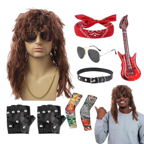 Lembeauty 80er Jahre Rocker Kostüm, Rocker Kostüm Herren, 70er 80er Rocker Perücken Herren Hippie Perücke mit Bandana Sonnenbrille, 9-teiliges Halloween-80er-Jahre-Rocker-Star-Kostüm-Set für Disco, von Lembeauty