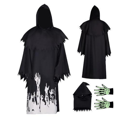 Lembeauty Reaper-Halloween-Kostüm, schwarzer Reaper-Umhang - Schwarzer Umhang mit Kapuze für Kinder - Glow In The Dark Death Reaper Gruselige Feiertagskostüme, atmungsaktiv für Partys, Cosplay von Lembeauty