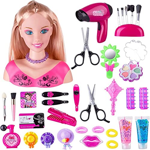 Lempefe 35 Stück Kinder Simulation Make-up Spielzeug, Kopf Puppe Make-up und Kämmen Mädchen mit Trockner Innovatives ungiftiges Spielzeug, Verkleiden Geschenk für Mädchen (Rosa) von Lempefe