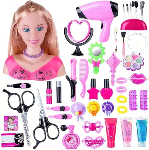 Lempefe Friseurköpfe, 35 Stück Frisierkopf und Make-up Kopf Spielzeug Set, Spielzeug für Mädchen für 1-9 Jahre, Styling Head Hairdressing Puppe (Rosa-45 Stück) von Lempefe