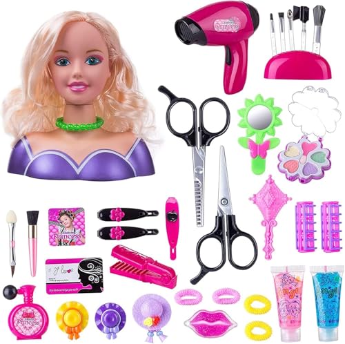 Lempefe Friseurköpfe 35 Stück Friseurkopf und Make-up Kopf Spielzeug Set Mädchen Spielzeug für 1-9 Jahre Styling Headdressing Puppe von Lempefe