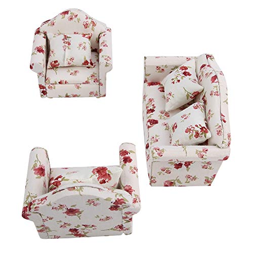 LenTLy Puppenhaus Sofa Set, Maßstab 1/12 Einfaches Stilvolles Puppensofa Set Holz für Fotografie Requisiten für (große Blütentraube) von LenTLy