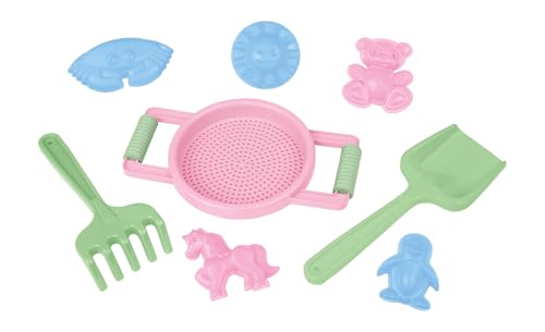 LENA® Sandspielset 8-teilig – Sieb, Schaufel, Rechen & 5 Förmchen – farbig Sortiert – ab 12 Monate – Netzverpackung mit Hangtag – TÜV Zertifiziert – Made in Europe von Lena