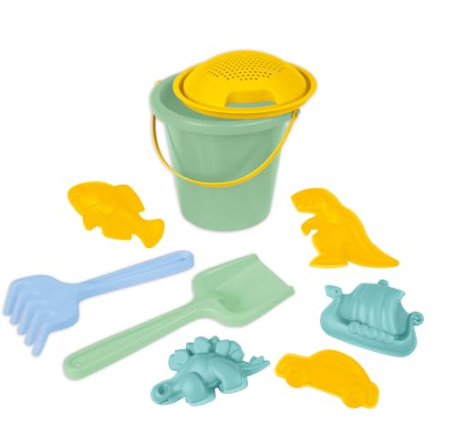 LENA® Sandspielset 9-teilig – Eimer Ø 18 cm (2 L), Sieb, Schaufel, Rechen & 5 Förmchen – farbig Sortiert – ab 12 Monate – TÜV Zertifiziert – Made in Europe von Lena