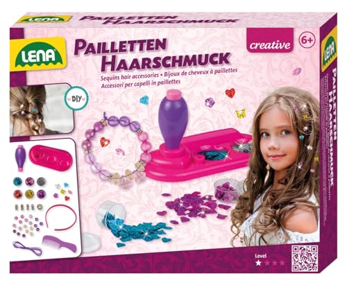 LENA 42718 Komplettset für die Herstellung von Schmuck für die Haare, Bastelset für Kinder ab 6 Jahren, Pailletten in 6, Applikationsgerät, Perlen-Armband von Lena