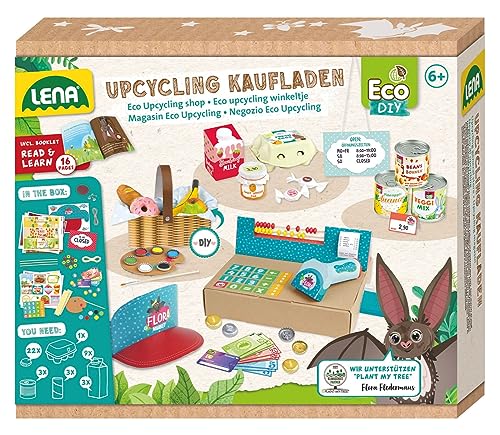 LENA 42837 Eco Upcycling Bastelset Kaufladen, Set zur Nutzung recycelter Verpackungen zum Basteln eines eigenen Supermarkt, Kreativset für Kinder ab 6 Jahren von Lena