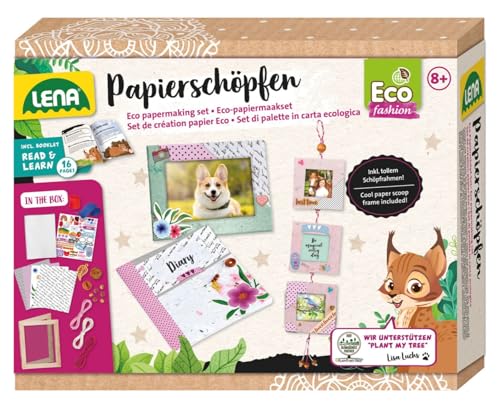 LENA 42838 Eco Papierschöpfen, Bastelset für Kinder ab 8 Jahre, Set mit Schöpfrahmen, Stickern, Motivpapieren, Schnüren, Metallanhängern, Krepppapier, Schablonen, Holzperlen, Storybook mit Anleitung von Lena