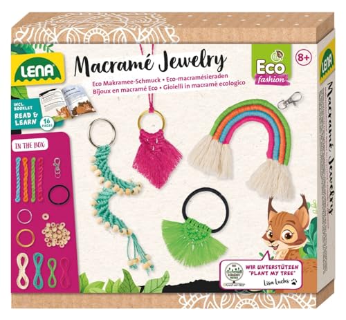 LENA 42839 Eco Macramé Jewelry, Knüpfset für Kinder ab 8 Jahren, Bastelset zum Knüpfen von einem Schlüsselanhänger, einer Halskette, einem Haargummi und einem Regenbogenanhänger, Kreativset Schmuck von Lena