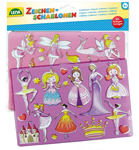 LENA 65766 Zeichenschablonen Set Prinzessinnen und Elfen, mit 2 Schablonen mit Motiven und Farbvorlagen zu Prinzessinnen und Feen, Malschablonen je ca. 26 x 19 cm, Malset für Kinder ab 3 Jahre von Lena