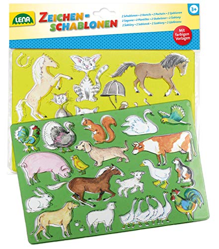 LENA 65767 Pferde/Katzen und Bauernhoftiere, 2er Set, je ca. 26 x 19 cm Zeichenschablonen, Mehrfarbig von Lena