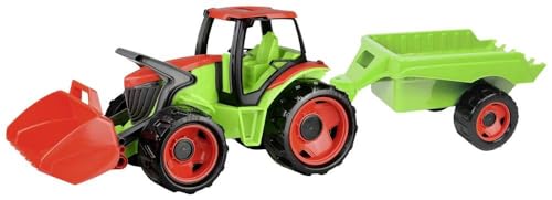 LENA 02136 GIGA TRUCKS Traktor mit Frontlader & Anhänger, Traktorspielzeug 5-teilig, Traktor mit Schaufel, Schiebdach in der Fahrerkabine von Lena