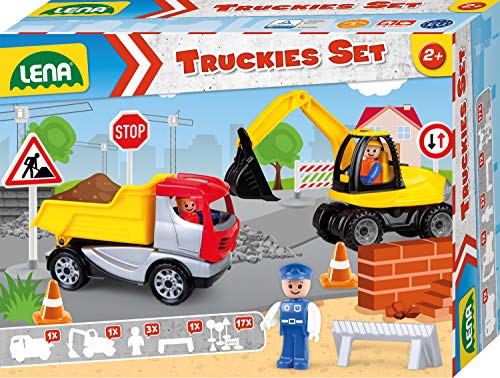 Lena 01631 Truckies 23 teilig, Inhalt: Muldenkipper LKW 22 cm, Bagger ca, 25 cm, 3 Spielfiguren und 17 Verkehrsschilder & Pylone, Baufahrzeuge & Figuren für Kinder ab 2 Jahren, Baustellen Set von Lena