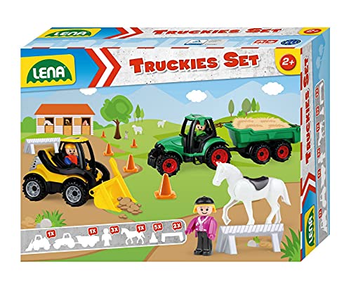 Lena 01632 Truckies 13 teilig, Inhalt: Traktor mit Anhänger 36 cm, Radlader ca. 21 cm, 3 Spielfiguren, 1 Pferd, 2 Barken & 5 Pylone, Nutzfahrzeuge & Figuren für Kinder ab 2 Jahren, Bauernhof Set von Lena