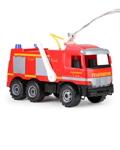 Lena 02058 - Starke Riesen Feuerwehr Mercedes Benz Actros, ca. 65 cm,großes Feuerwehrauto mit 3 Achsen, 1,5 Liter Wassertank, Wasserkanone bis 8 Meter, robustes Spielfahrzeug für Kinder (3 Jahre), Rot von Lena