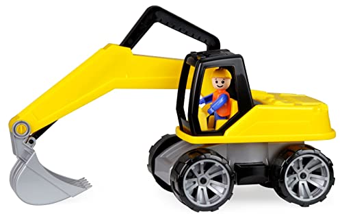 Lena 4401 mit vollbeweglicher Spielfigur, Baustellen Spielfahrzeug für Kinder ab 2 Jahre robuster Schaufelbagger mit funktionstüchtigen Baggeram und Haltegriff, gelb, ca. 44 cm von Lena