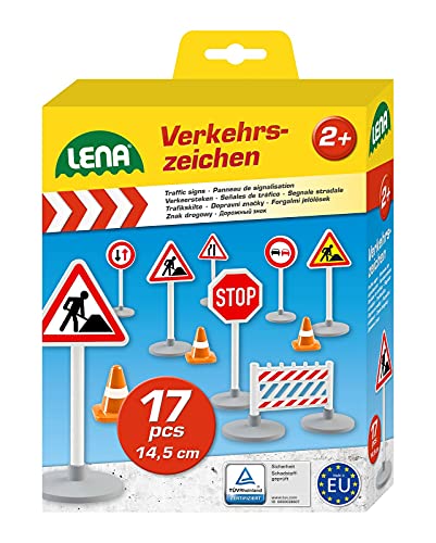 Lena 04440 - Verkehrszeichen Set mit 17 Teilen, mit 9 Verkehrsschilder ca. 16 cm, 5 Pylonen und 3 Bauzäunen, optimal für Lena Spielfahrzeuge Truxx, Worxx, Truckies, EcoAktives, Aktive und andere von Lena