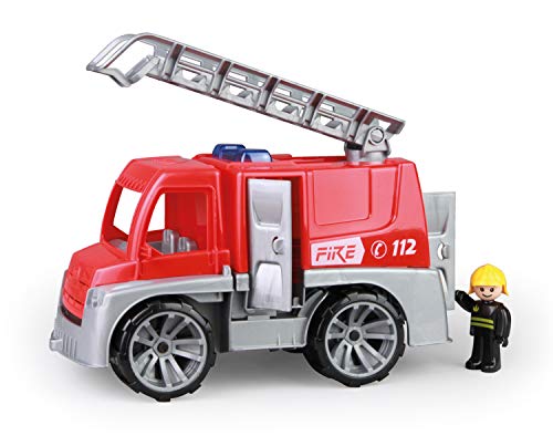 Lena 04457 TRUXX Feuerwehr Einsatzfahrzeug mit Spielfigur als Feuerwehrmann, Feuerwehrauto mit Rettungsleiter, Feuerwehrtransporter mit Türen zum Öffnen, Spielfahrzeug für Kinder ab 24m+, rot, Silber von Lena