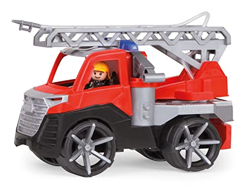 Lena 04515DF TRUXX² Feuerwehr Leiterwagen, Feuerwehrauto ca. 28 cm, Feuerwehrwagen mit klappbarer Leiter, Wasserspritze und vollbeweglicher Spielfigur, für Kinder ab 2 Jahre, Spielfahrzeug rot von Lena