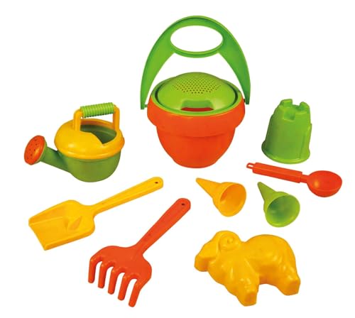Lena 5402 Eco Sandset 10-teilig, Spielset mit Eimer, Sieb, Schaufel, Rechen, Gießkanne, Eislöffel, 2 Förmchen, 2 Eistüten, aus Kunststoff-Holz-Gemisch, Set im Naturnetz, für Kinder ab 1 Jahr, Bunt von Lena