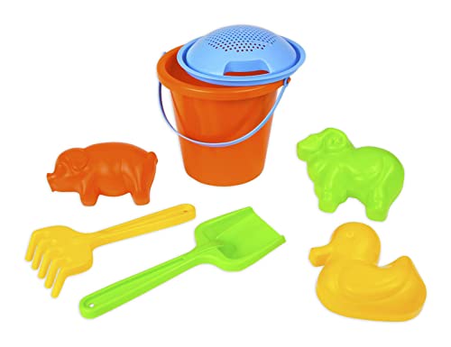 Lena 05416 Happy Sandset, Strandspielzeug 7-teilig, Sandgarnitur mit Eimer, Sieb, Mehlschaufel, Harke, Lamm-Förmchen, Enten-Förmchen und Schwein-Förmchen, Sandspielzeug für Kinder ab 12 Monaten von Lena