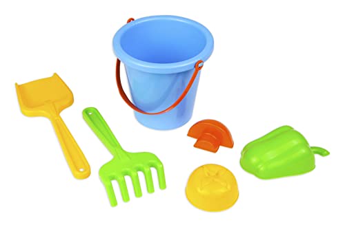 Lena 05417 Happy Sandset, Strandspielzeug 6-teilig, Sandgarnitur mit Eimer mit Henkel, Mehlschaufel, Rechen und 3 Gemüse-Förmchen, Sandspielzeug für Kinder ab 12 Monaten von Lena