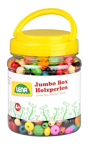 Lena 32044 - Bastelset Holzfädelperlen in Jumbo Box, mit Fädelperlen aus Holz, ca.2 cm groß, Holzperlen Mix Set für Kinder ab 4 Jahr von Lena