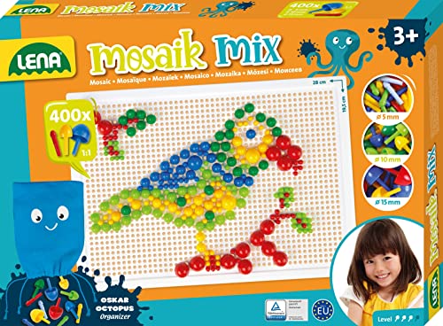 Lena 35594 - Mosaik Steckspiel Set, Steckmosaik mit 400 Stecker, Mosaikstecker Ø 5mm, 10mm und 15mm, Mosaikspiel für Kinder ab 3 Jahre, Komplettset mit Steckplatte ca. 28 x 19,5 cm und Organizer von Lena