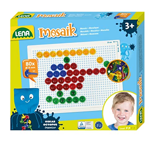 Lena 35622 - Mosaik Steckspiel Set, Steckmosaik mit 80 transparente Stecker, Mosaikstecker Ø 15 mm, Mosaikspiel für Kinder ab 3 Jahre, Komplettset mit Steckplatte ca. 21 x 16 cm und Organizer, bunt von Lena