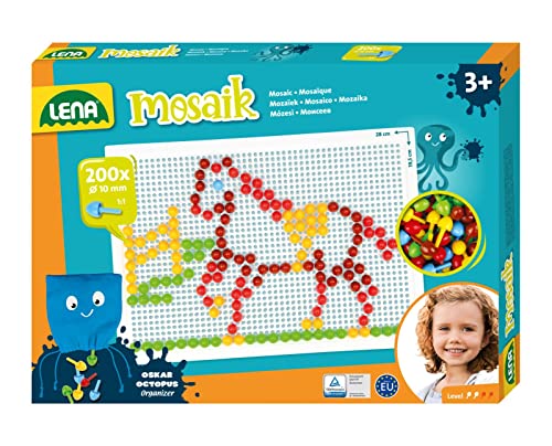Lena 35628 Mosaik Steckspiel Set, Steckmosaik mit 200 Stecker, Mosaikstecker Ø 10 mm, Mosaikspiel für Kinder ab 3 Jahre, Komplettset mit Steckplatte ca. 28 x 19,5 cm und Organizer, bunt, Mehrfarbig von Lena