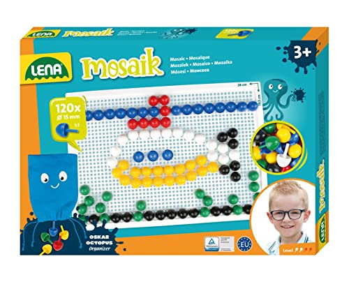 Lena 35629 Mosaik Steckspiel Set, Steckmosaik mit 120 Stecker, Mosaikstecker Ø 15 mm, Mosaikspiel für Kinder, Komplettset mit Steckplatte ca. 28 x 19,5 cm und Organizer, bunt, Mehrfarbig, Mittel von Lena