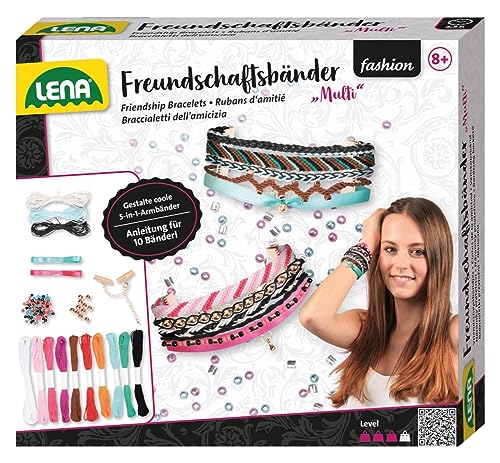 Lena 42116 - Bastelset Multi Freundschaftsbänder, Komplettset mit 2 Bänder aus Satin, Garne in 8 Farben, 3 Kordeln und 2 Verschlüsse, Knüpfset für Kinder ab 8 Jahre, Flechtset für 2 Armbänder 5 in 1 von Lena