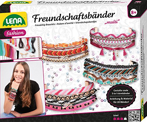 Lena 42117 Bastelset Multi Freundschaftsbänder groß, Komplettset mit 240 Perlen, Satinbänder, Garne, Kordeln, Ketten und Verschlüsse, Knüpfset für Kinder ab 8 Jahre, Flechtset für 4 Armbänder 5in1 von Lena