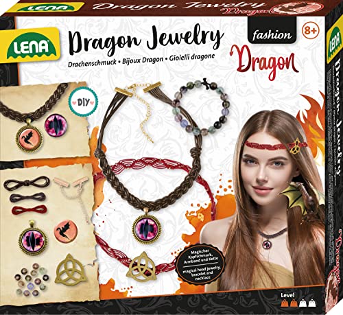 Lena 42303 Bastelset Drachen-Juwelen, Schmuckbastel Set mit Halskette mit Amulett, Perlenarmband und magischem Haarschmuck, DIY Dragon Jewelry, Fashion Kreativset für Kinder ab 8 Jahren, Mittel von Lena