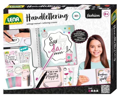 Lena 42334 - Handlettering Starter Set, Malset mit illustriertem Ringbuch, 4 Buchstaben Schablonen, 4 Stiften, 4 Stickerbögen und 4 Postkarten, Handschrift Schreibset, Kreativset für Kinder ab 8 Jahre von Lena