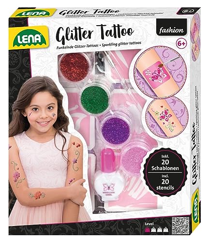 Lena 42440 - Fashion Glitter Tattoo Set, Mode Set zum Stylen und Schmücken mit 4 Glitzerfarben, Pinsel, Latex und zehn Schablonen, abwaschbarer Körperschmuck für Mädchen ab 6 Jahre Bunt von Lena