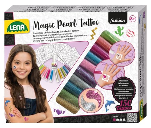 Lena 42442 - Fashion Magische Perlen Tattoo, Bastelset zum Stylen mit Miniperlen in 10 Farben für 150 Tattoos, 200 Schablonen, Mode Set Magic Pearls, abwaschbarer Körperschmuck für Kinder ab 6 Jahren von Lena