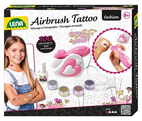 Lena 42443 - Airbrush Tattoo Studio mit 100 Schablonen und 4 Glitter Farben, Sprüh Set für Glitzer Tattoos auf der Haut, Spraystift Station für Bunte Kindertattoos, Tattooset für Kinder ab 8 Jahren von Lena