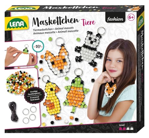 Lena 42547-Bastelset für 4 Maskottchen Tiere, Komplettset für 4 Glücksbringer/Schlüsselanhänger mit 250 trendigen Fädelperlen, schwarzem Kordelband, 4 Ringe & Anleitung, Mehrfarbig von Lena