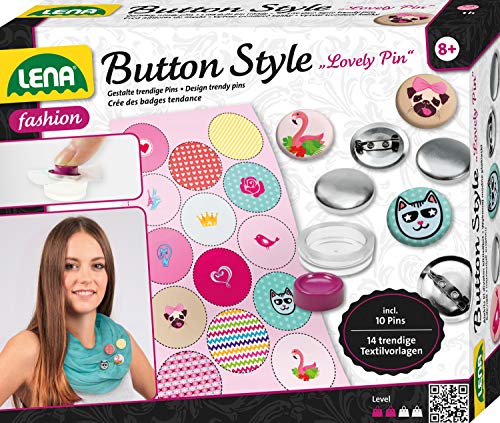 Lena 42564 Bastelset Style Lovely Pin, Komplettset für Coole Buttons mit 10 Metall Knöpfe, Werkzeug, 14 Textilvorlagen Tieren, Fashion Mode Set für Kinder ab 8 Jahre von Lena