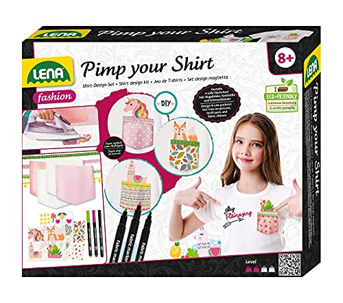 Lena 42599 - Bastelset Pimp Your Shirt, Komplettset mit 4 Brusttaschen, 3 Textilstifte, Dekobändern und vielen Bügelfolien, Mode Styling Set für Kinder ab 8 Jahre, Fashion mit Anleitung, Mehrfarbig von Lena