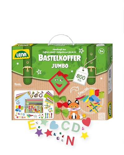 Lena 42629 Bastelkoffer mit vielfältigem Material zum Basteln, mit Moosgummi, Buntpapier, Perlen, Pompon, Satinbänder, Knöpfe, Kulleraugen und vielem mehr, ab 5 Jahre, Jumbo 800er Bunt, 800 Teile von Lena