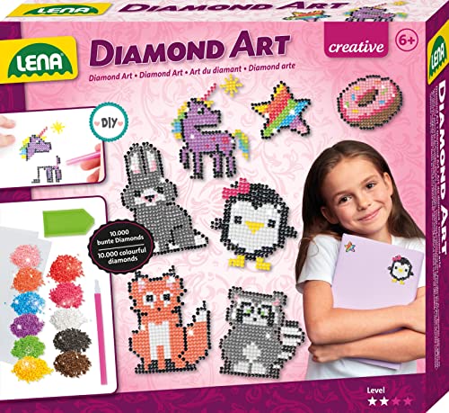 Lena 42646 Bastelset Diamond Art, Komplettset für 20 Sticker in trendigen Farben, mit 10.000 bunten Diamanten Perlen, Stift, Klebefolie, Sortierschale & Anleitung, Set für Kinder ab 6 Jahre, Mittel von Lena